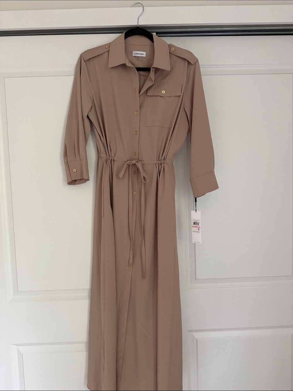 Calvin Klein Taupe Maxi Shirt Dress with Epaulets